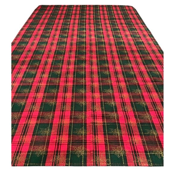 Christmas Table Cloth Red Metallic Plaid Rectangle 56x92 inch Seats 6-8 - Picture 1 of 11